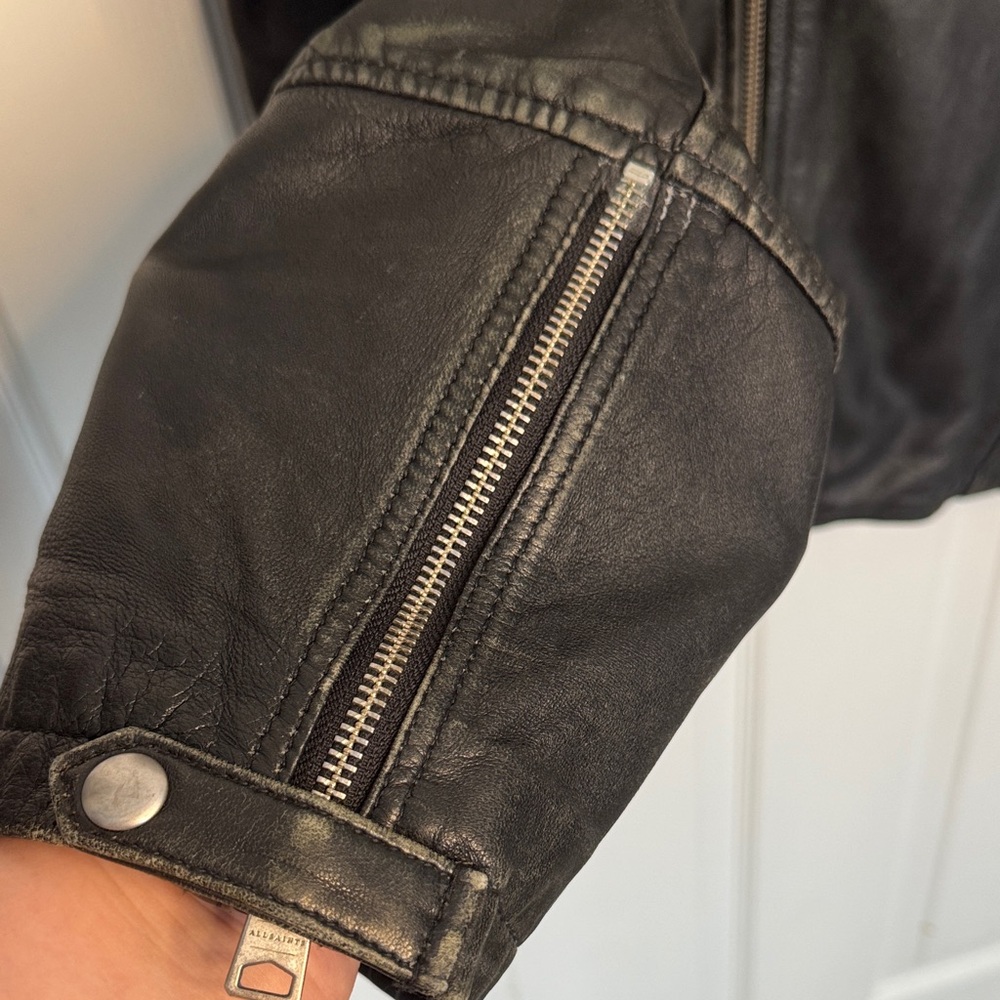 All Saints Mens Black Leather Biker Jacket with Quilted Shoulders - Picture 4 of 15